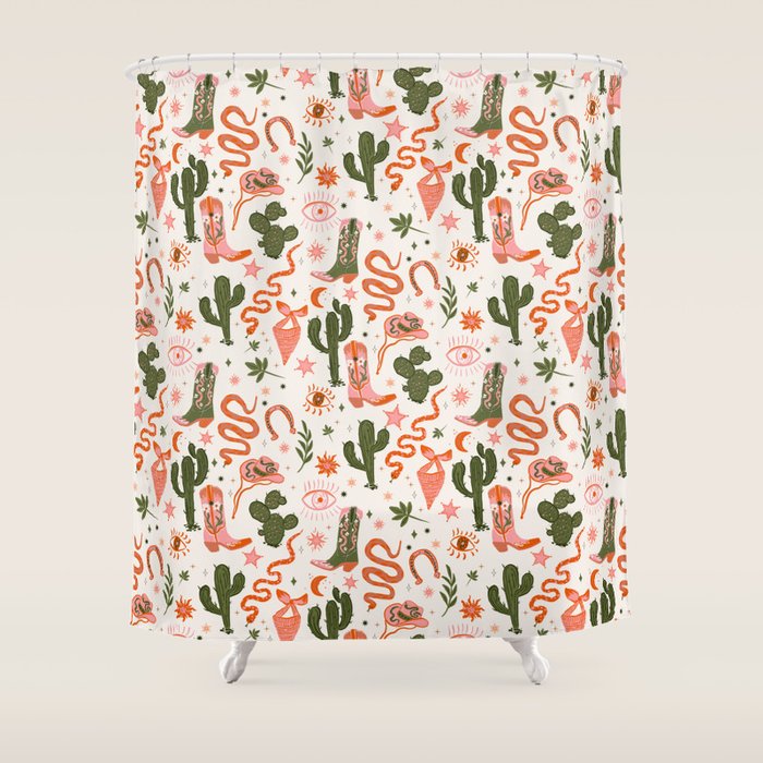 Retro Western-Inspired Pattern with Cacti, Snakes, and Cowboy Boots Shower Curtain Gallery Image 1