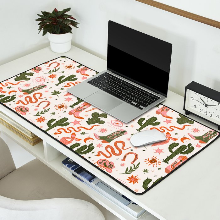 Retro Western-Inspired Pattern with Cacti, Snakes, and Cowboy Boots Desk Mat Gallery Image 2