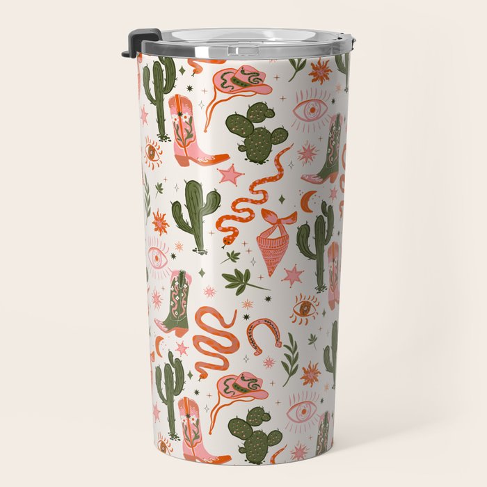Retro Western-Inspired Pattern with Cacti, Snakes, and Cowboy Boots Travel Mug Gallery Image 3