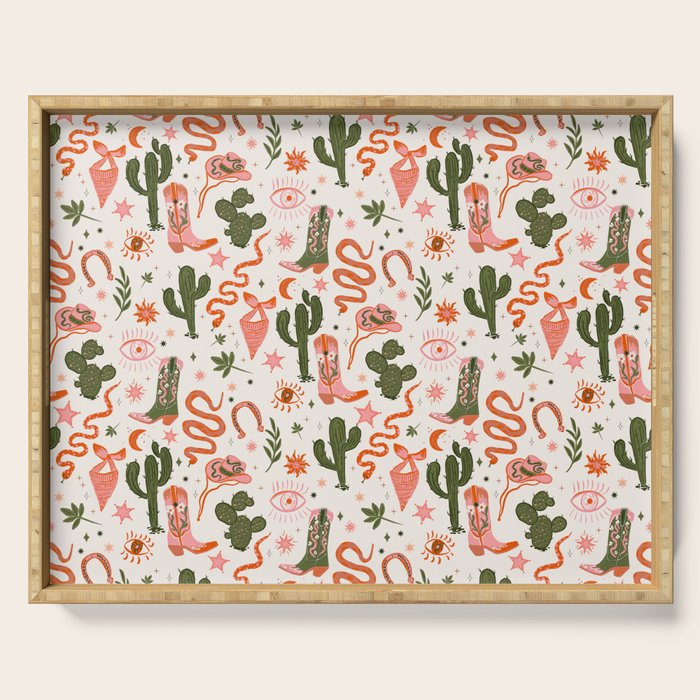 Retro Western-Inspired Pattern with Cacti, Snakes, and Cowboy Boots Serving Tray Gallery Image 1