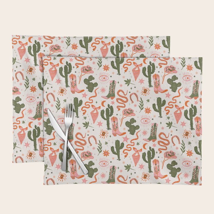 Retro Western-Inspired Pattern with Cacti, Snakes, and Cowboy Boots Placemat Gallery Image 1