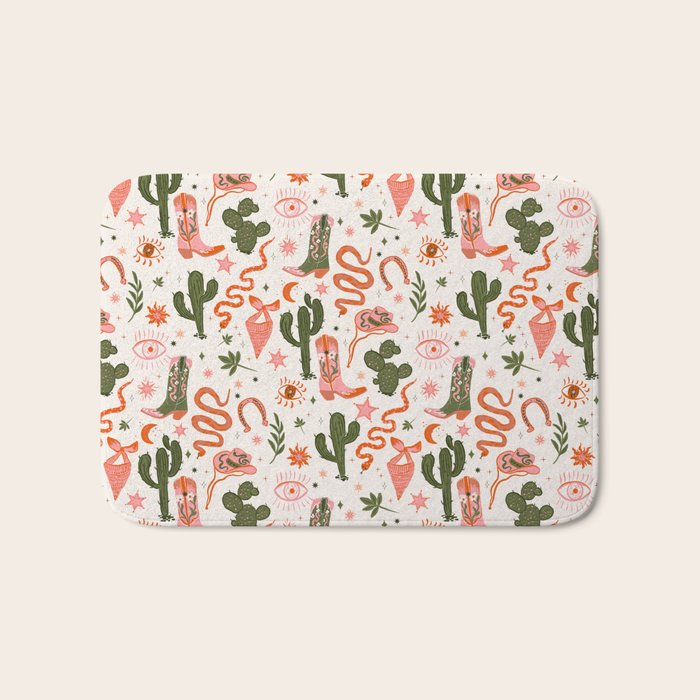 Retro Western-Inspired Pattern with Cacti, Snakes, and Cowboy Boots Bath Mat Gallery Image 1