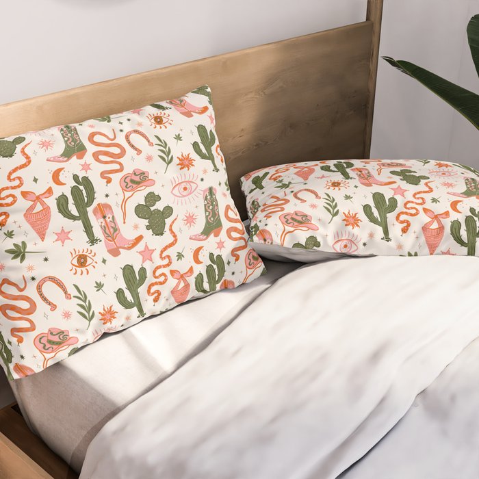 Retro Western-Inspired Pattern with Cacti, Snakes, and Cowboy Boots Pillow Sham Gallery Image 2