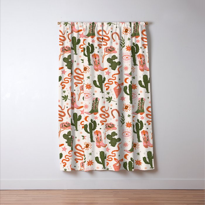 Retro Western-Inspired Pattern with Cacti, Snakes, and Cowboy Boots Window Curtain Gallery Image 3