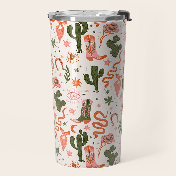 Retro Western-Inspired Pattern with Cacti, Snakes, and Cowboy Boots Travel Mug Gallery Image 2