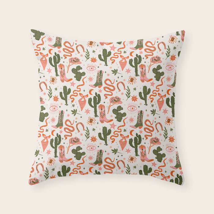 Retro Western-Inspired Pattern with Cacti, Snakes, and Cowboy Boots Throw Pillow Gallery Image 1