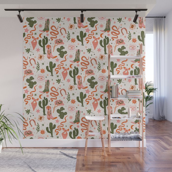Retro Western-Inspired Pattern with Cacti, Snakes, and Cowboy Boots Wall Mural Gallery Image 1