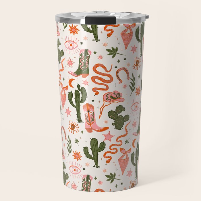 Retro Western-Inspired Pattern with Cacti, Snakes, and Cowboy Boots Travel Mug Gallery Image 1