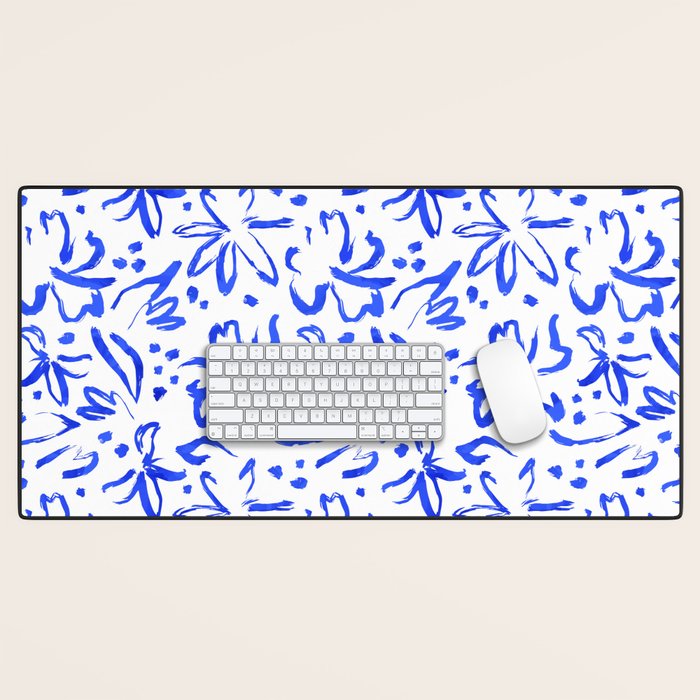 Hand drawn blue flower art pattern Desk Mat Gallery Image 1