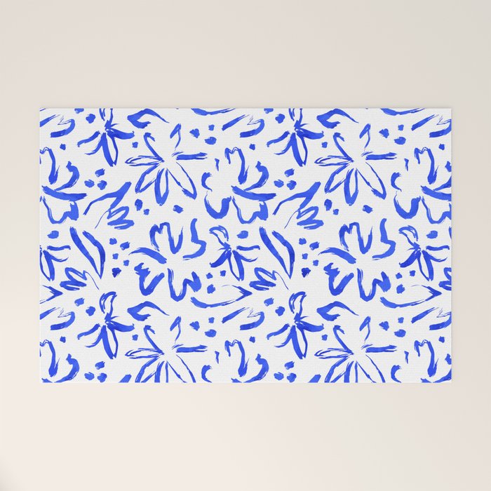 Hand drawn blue flower art pattern Welcome Mat Gallery Image 1