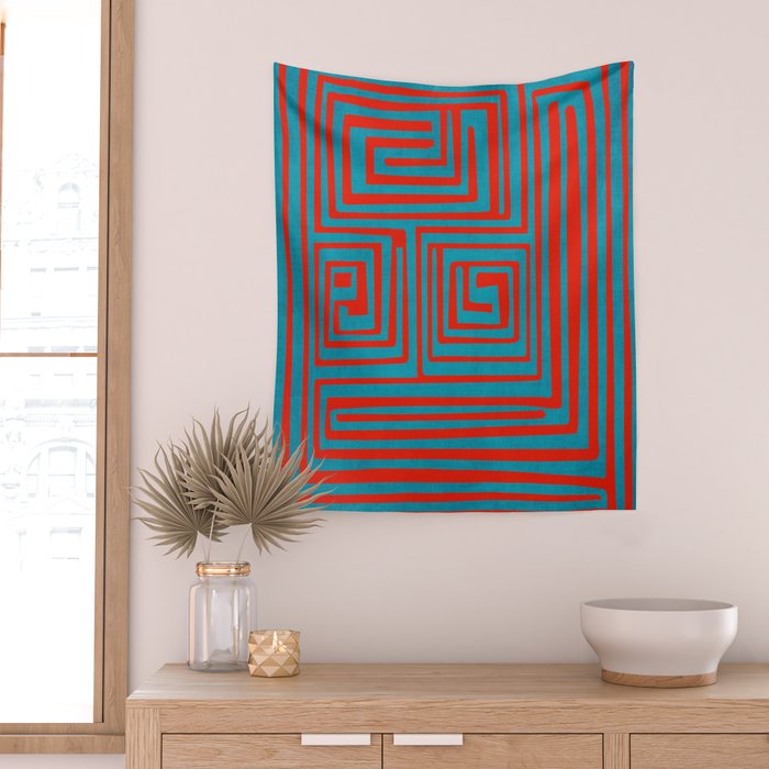 Vibrant Colors OP Art Teal Red Abstract Wall Tapestry Gallery Image 2