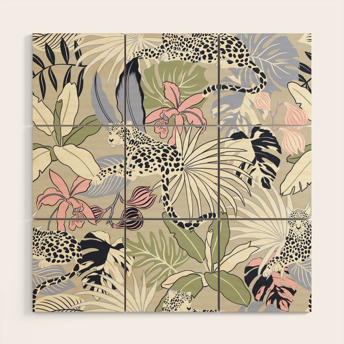 tropical seamless pattern with leopards Wood Wall Art Gallery Image 1
