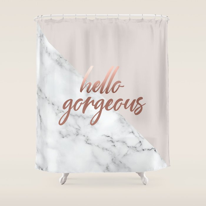 Hello Gorgeous, Rose Gold, Pink, Marble Shower Curtain Gallery Image 1
