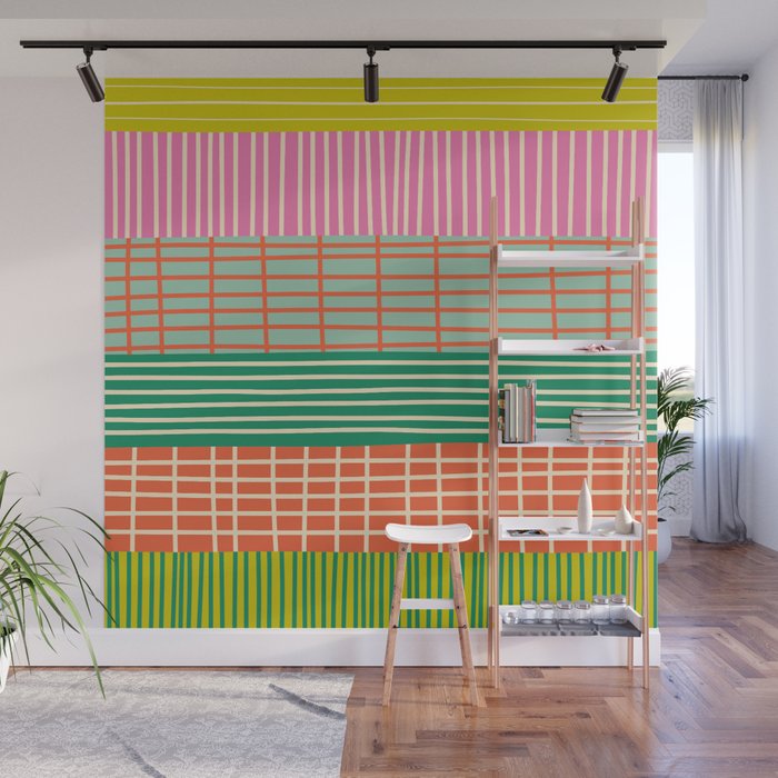 Finnish Patchwork Stripe Pattern Orange Green Pink Chartreuse Wall Mural Gallery Image 1