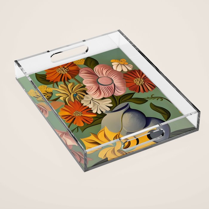 Quirky Abstract Vintage Retro Floral Acrylic Tray Gallery Image 1
