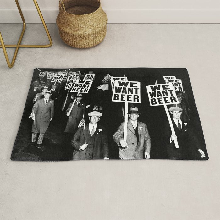 We Want Beer, Prohibition, Black and White, Old Photo, Beer Protest, Funny, Vintage Beer Art Rug Gallery Image 1