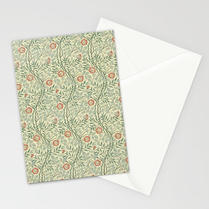 William Morris Sweet Briar Green Coral Stationery Card Gallery Image 2