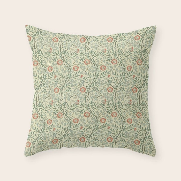 William Morris Sweet Briar Green Coral Throw Pillow Gallery Image 6