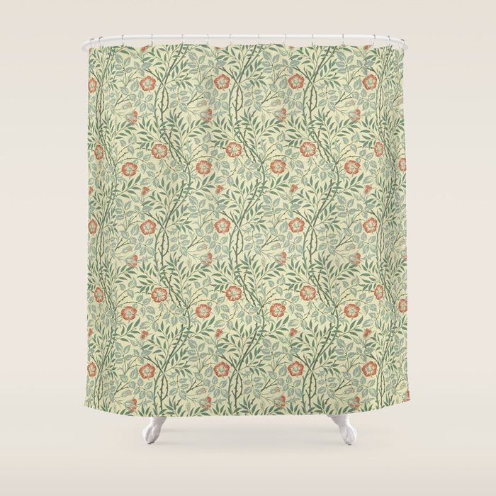 William Morris Sweet Briar Green Coral Shower Curtain Gallery Image 1