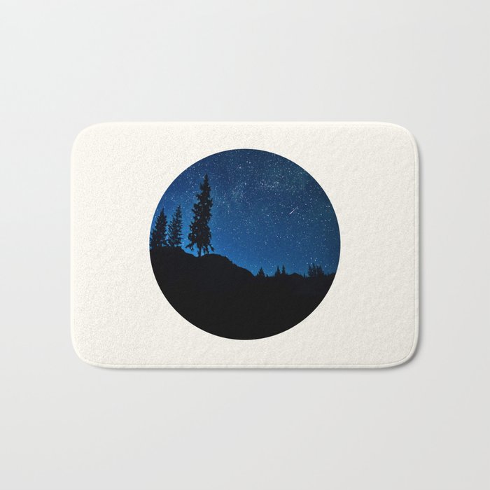 Mid Century Modern Round Circle Photo Blue Star Night Sky Pine Tree Silhouette Bath Mat Gallery Image 1