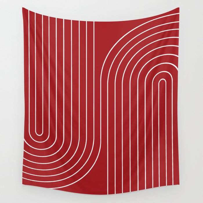 Minimal Line Curvature LXXX Ruby Red Mid Century Modern Arch Abstract Wall Tapestry Gallery Image 1