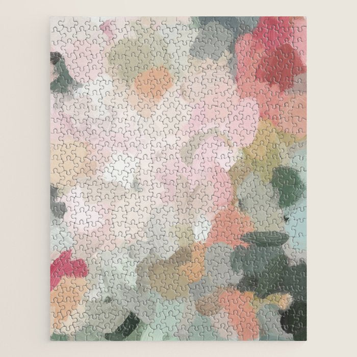 Time to Bloom - Forest Green Fuchsia Blush Pink Abstract Flower Spring Painting Art Jigsaw Puzzle Gallery Image 1