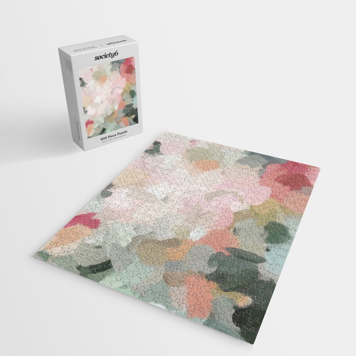 Time to Bloom - Forest Green Fuchsia Blush Pink Abstract Flower Spring Painting Art Jigsaw Puzzle Gallery Image 2