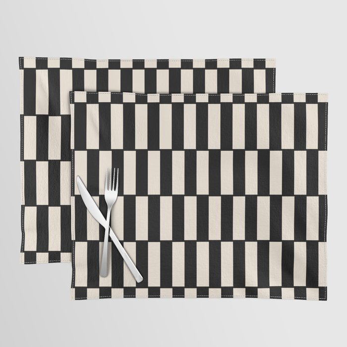 Long Blocks Retro Modern Geometric Checked Pattern in Black and Almond Cream Placemat Gallery Image 1