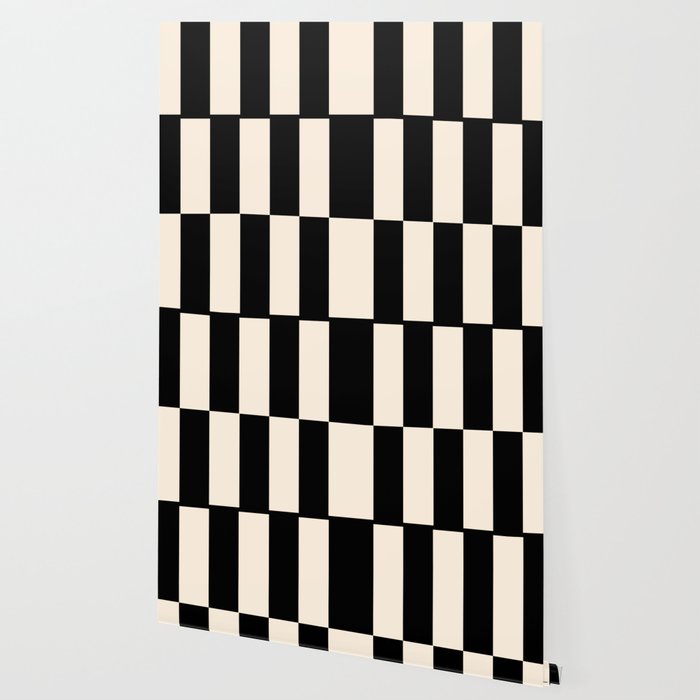 Long Blocks Retro Modern Geometric Checked Pattern in Black and Almond Cream Wallpaper Gallery Image 2