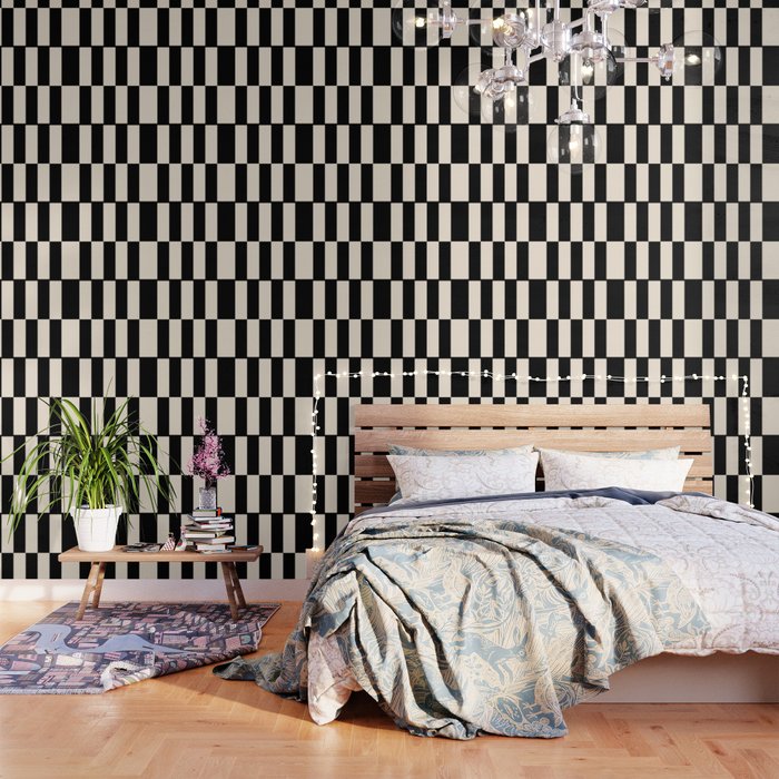 Long Blocks Retro Modern Geometric Checked Pattern in Black and Almond Cream Wallpaper Gallery Image 3