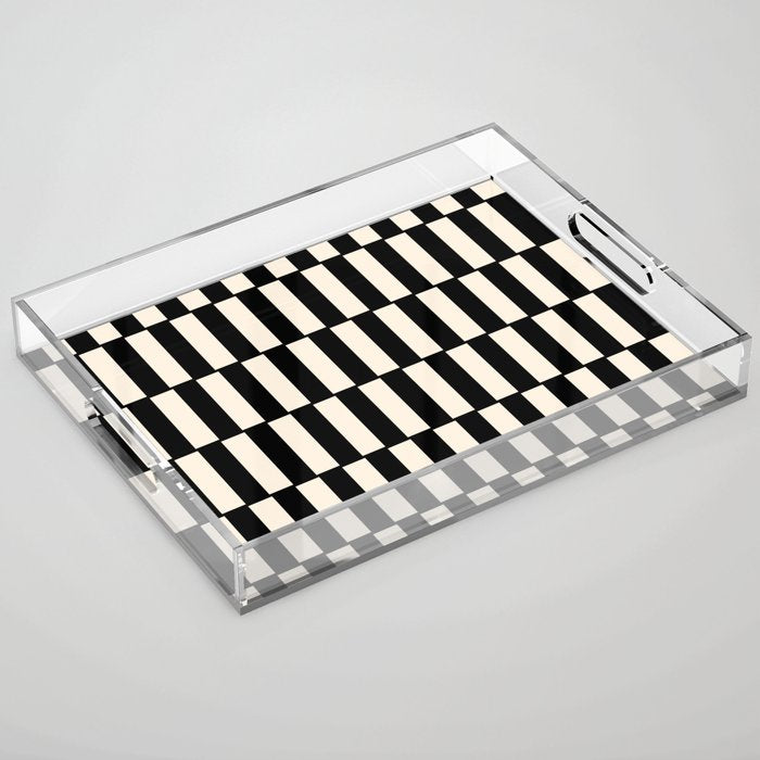 Long Blocks Retro Modern Geometric Checked Pattern in Black and Almond Cream Acrylic Tray Gallery Image 1