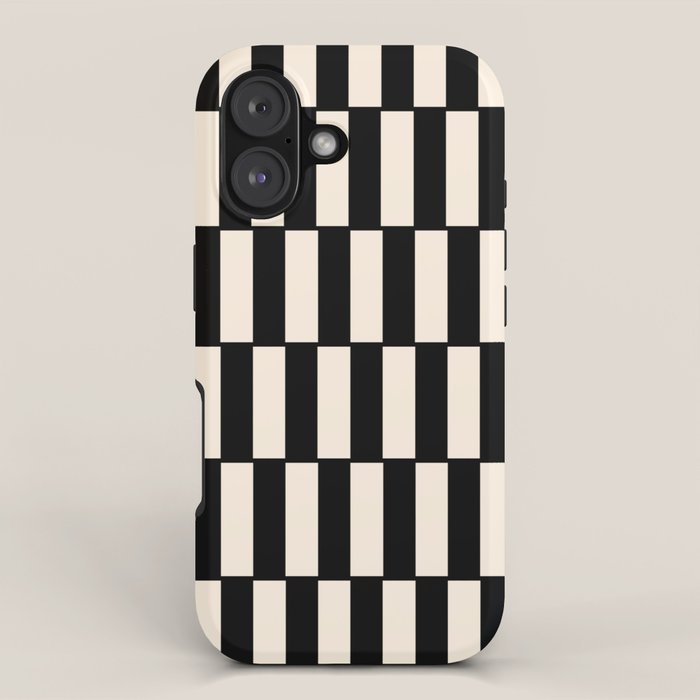 Long Blocks Retro Modern Geometric Checked Pattern in Black and Almond Cream iPhone Case Gallery Image 1