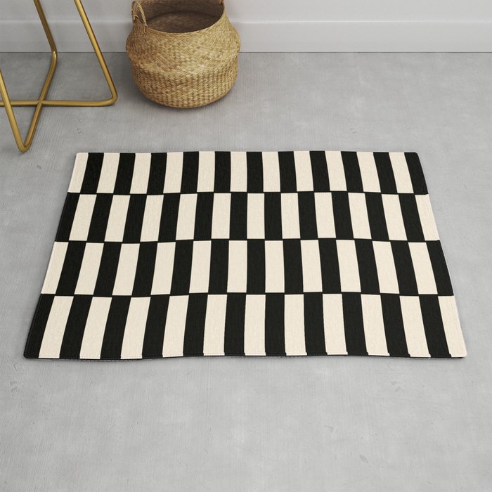 Long Blocks Retro Modern Geometric Checked Pattern in Black and Almond Cream Rug Gallery Image 1