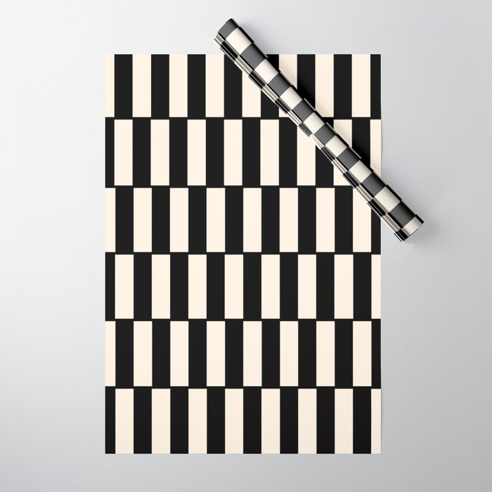 Long Blocks Retro Modern Geometric Checked Pattern in Black and Almond Cream Wrapping Paper Gallery Image 1