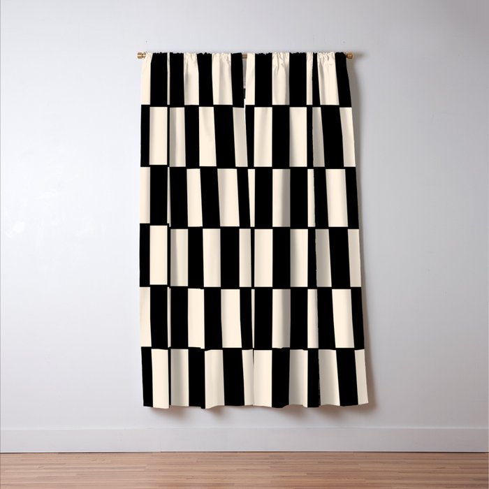 Long Blocks Retro Modern Geometric Checked Pattern in Black and Almond Cream Window Curtain Gallery Image 3
