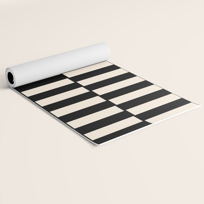 Long Blocks Retro Modern Geometric Checked Pattern in Black and Almond Cream Yoga Mat Gallery Image 2