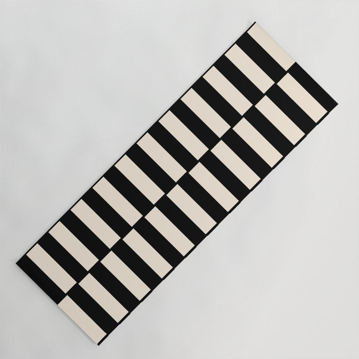 Long Blocks Retro Modern Geometric Checked Pattern in Black and Almond Cream Yoga Mat Gallery Image 1