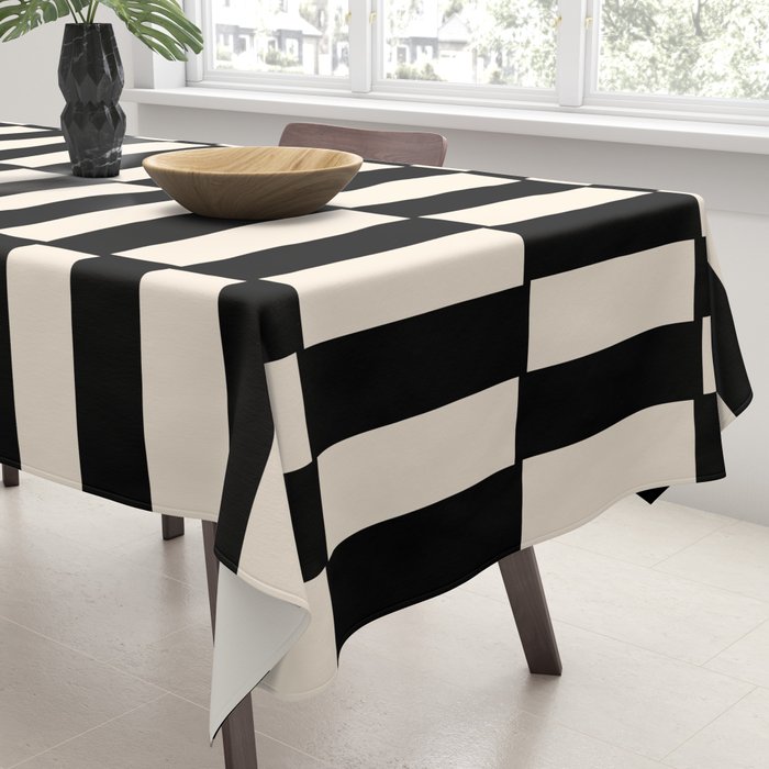 Long Blocks Retro Modern Geometric Checked Pattern in Black and Almond Cream Tablecloth Gallery Image 3