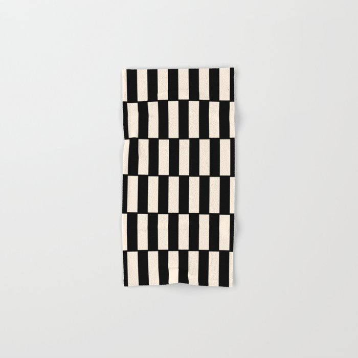 Long Blocks Retro Modern Geometric Checked Pattern in Black and Almond Cream Bath Towel Gallery Image 1