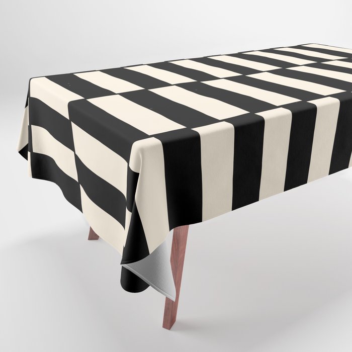 Long Blocks Retro Modern Geometric Checked Pattern in Black and Almond Cream Tablecloth Gallery Image 1