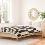 Long Blocks Retro Modern Geometric Checked Pattern in Black and Almond Cream Duvet Cover Gallery Image 2