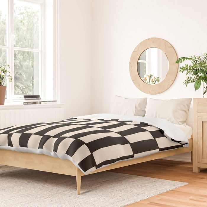 Long Blocks Retro Modern Geometric Checked Pattern in Black and Almond Cream Duvet Cover Gallery Image 2