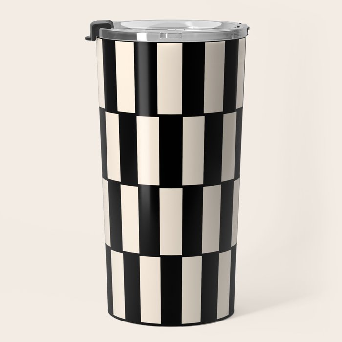 Long Blocks Retro Modern Geometric Checked Pattern in Black and Almond Cream Travel Mug Gallery Image 3