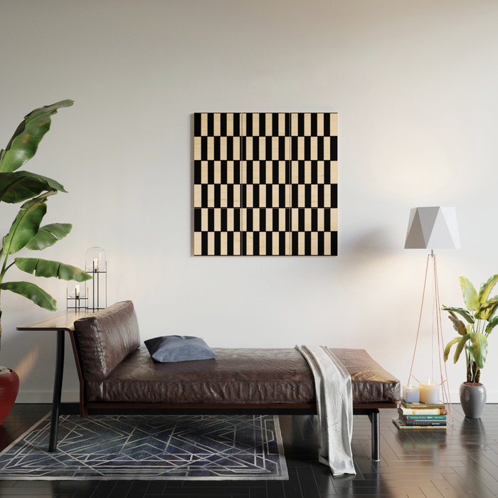 Long Blocks Retro Modern Geometric Checked Pattern in Black and Almond Cream Wood Wall Art Gallery Image 2