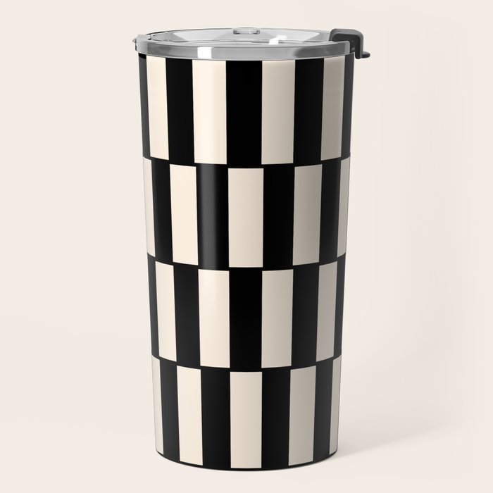 Long Blocks Retro Modern Geometric Checked Pattern in Black and Almond Cream Travel Mug Gallery Image 2
