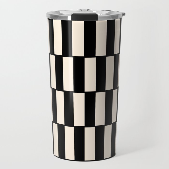 Long Blocks Retro Modern Geometric Checked Pattern in Black and Almond Cream Travel Mug Gallery Image 1