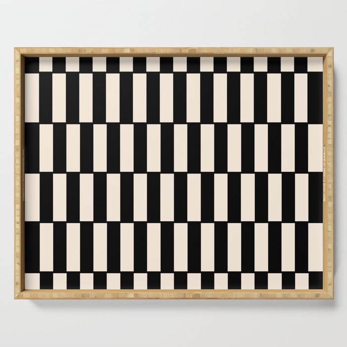 Long Blocks Retro Modern Geometric Checked Pattern in Black and Almond Cream Serving Tray Gallery Image 1