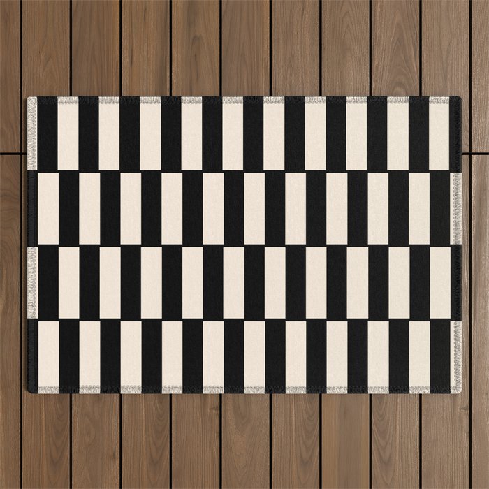 Long Blocks Retro Modern Geometric Checked Pattern in Black and Almond Cream Outdoor Rug Gallery Image 1