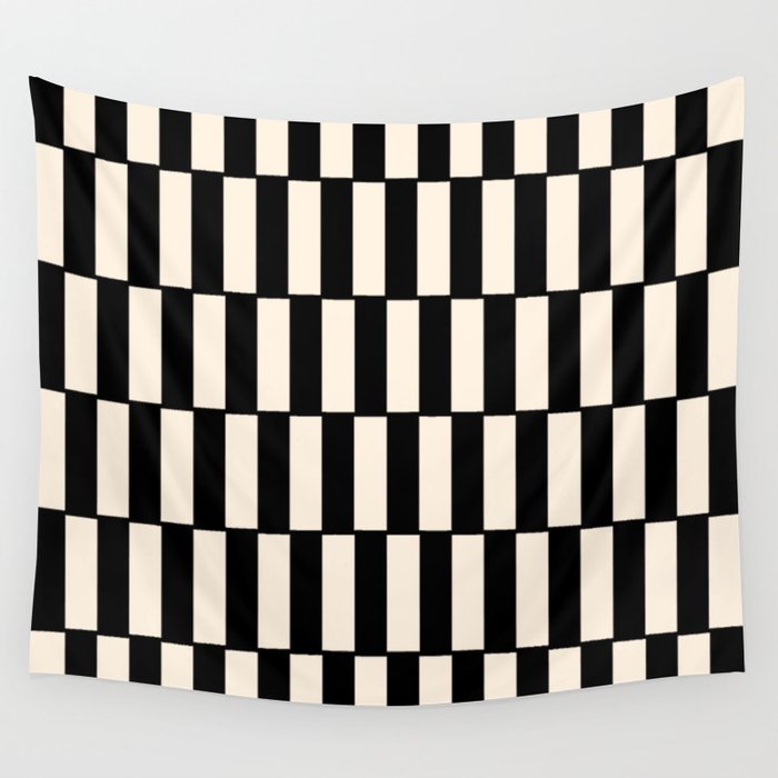 Long Blocks Retro Modern Geometric Checked Pattern in Black and Almond Cream Wall Tapestry Gallery Image 1