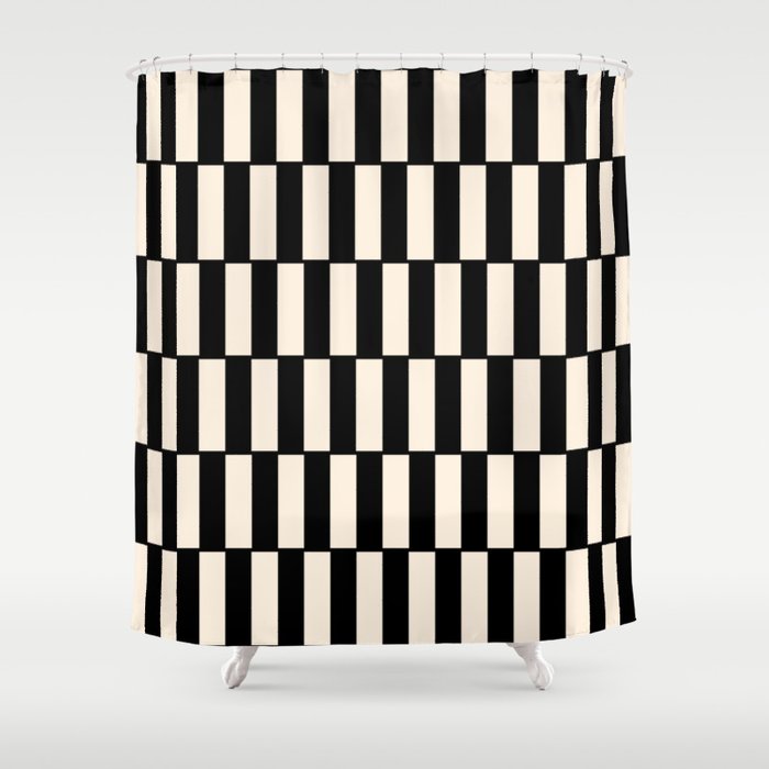 Long Blocks Retro Modern Geometric Checked Pattern in Black and Almond Cream Shower Curtain Gallery Image 1